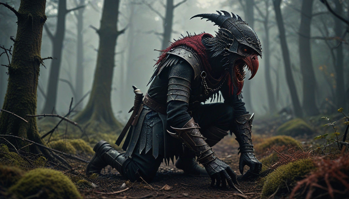 Crouched Forest Warrior in Dark Fantasy Landscape