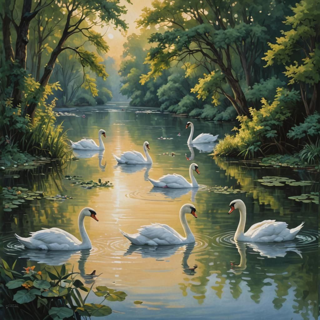 Seven Swans Swimming in Majestic Harmony