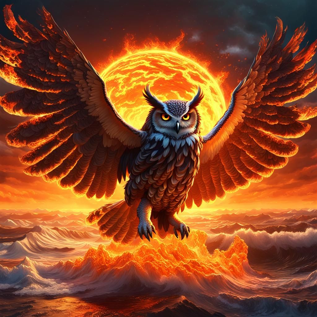 Fiery Owl on Burning Planet: Dark Fantasy Art