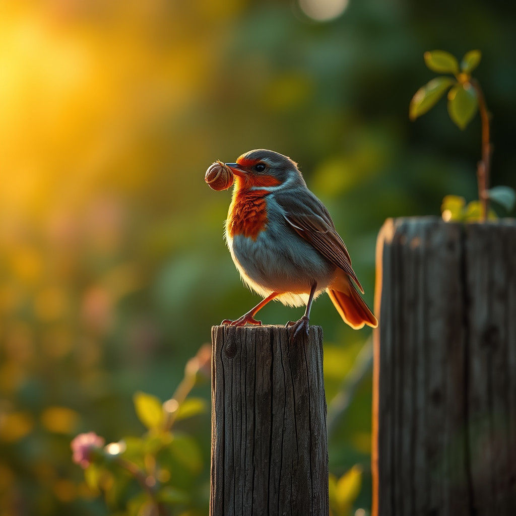 Robin with Worm at Dawn in Hyperrealistic Style