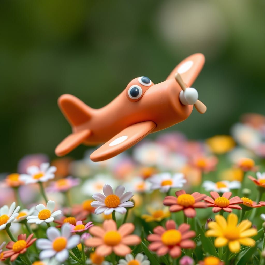 Terra Cotta Airplane Soars Over Vibrant Clay Bloom