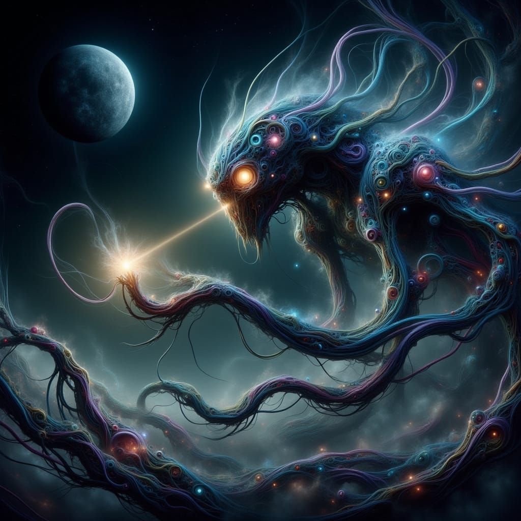 Bioluminescent Alien Inspects Flower on Alien World