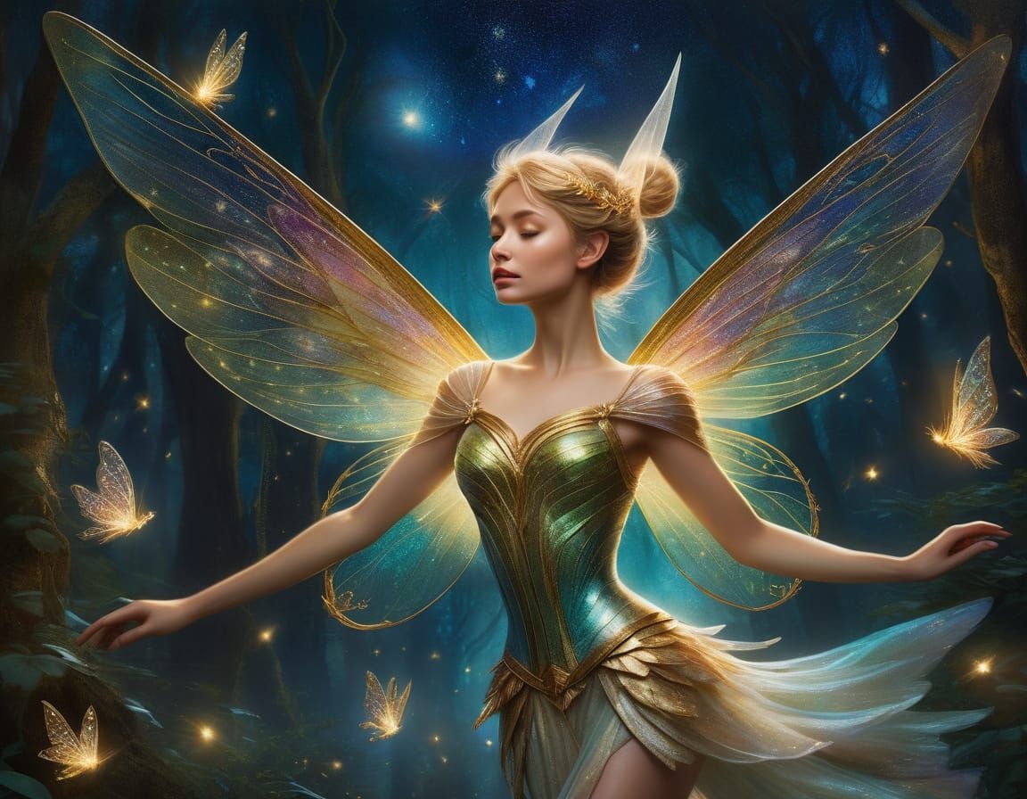 Tinkerbell Soaring in Enchanted Forest: High Fantasy Paintin...