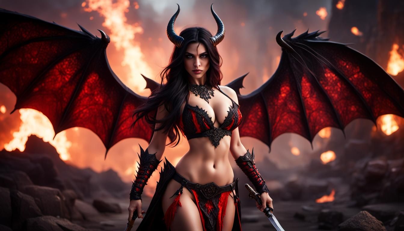 Alluring Arab Demoness with Sword in Fiery Abyss