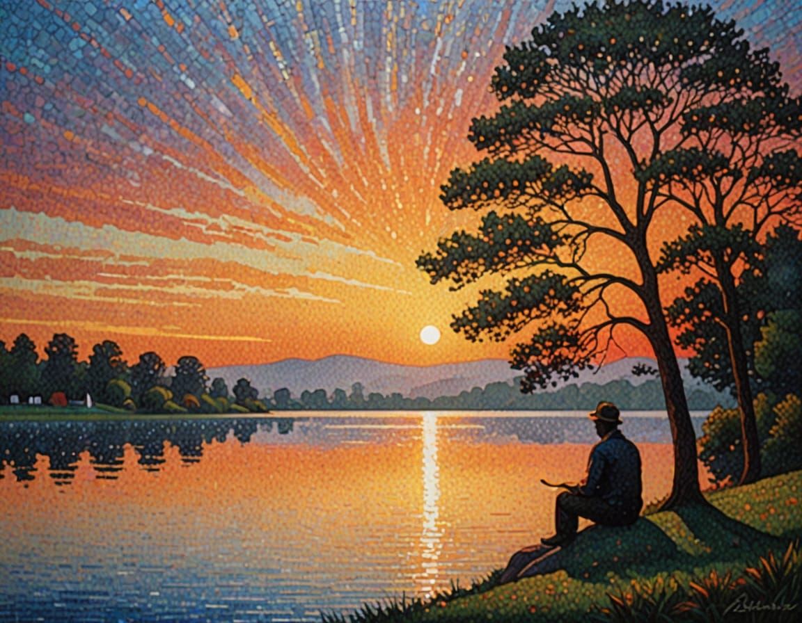 Pointillist Sunset Lake: A Seurat-Inspired Landscape