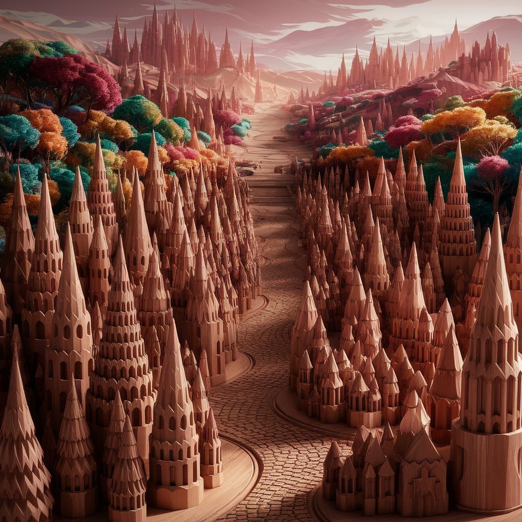 Wooden Cityscape Model Amidst Fantastical Landscapes