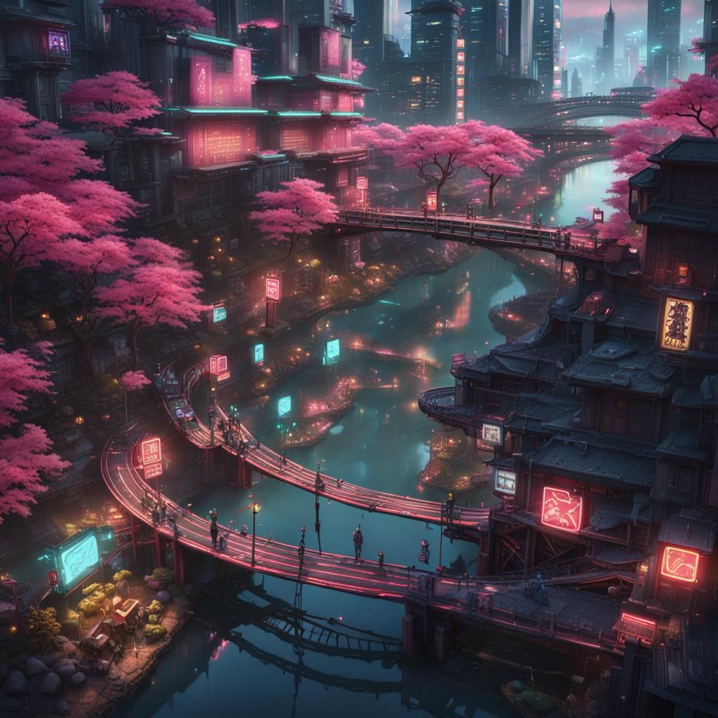 Neo Tokyo Pop Cityscape with Sakura and Neon