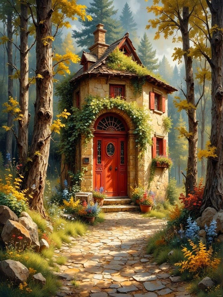 Hidden Forest Dwelling with Vibrant Flowers