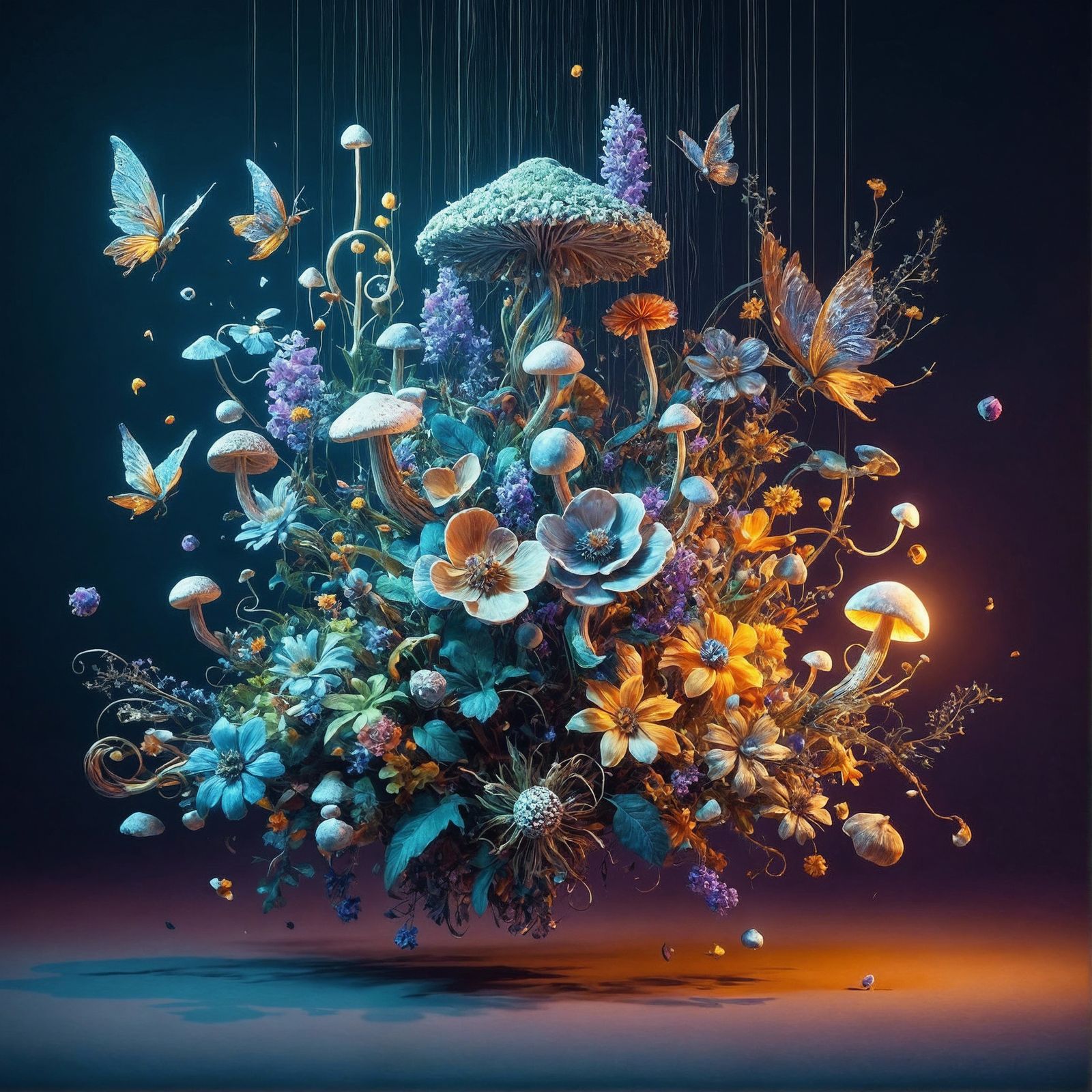 Surreal Mid-Air Sculpture of Glowing Flora