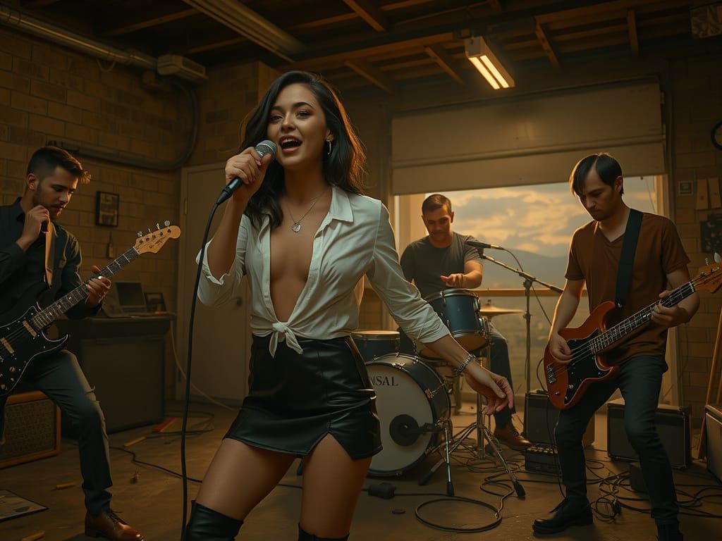 Teenage Rock Band Rehearsal in Gritty Garage