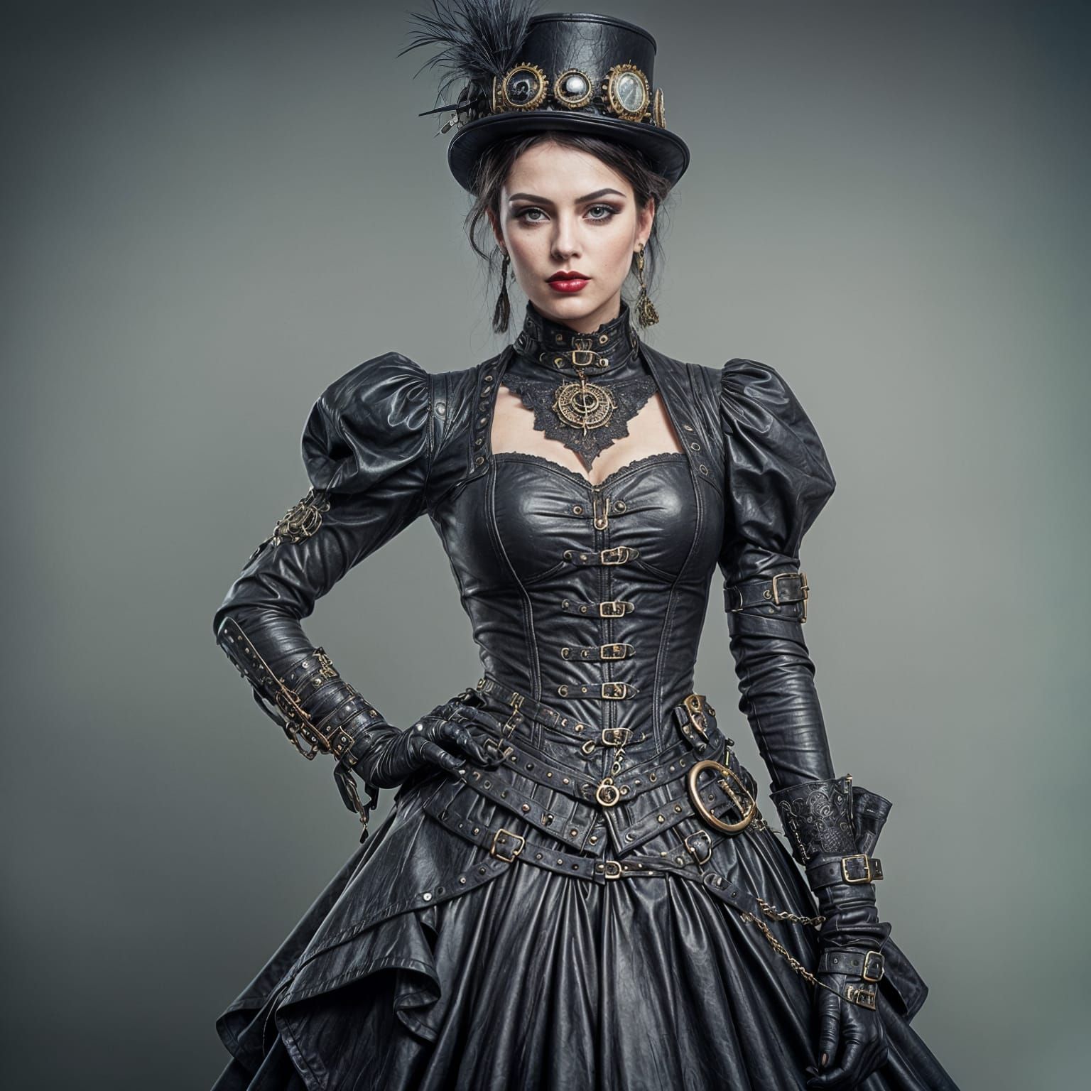 Gothic Steampunk Woman in Leather and Makeup