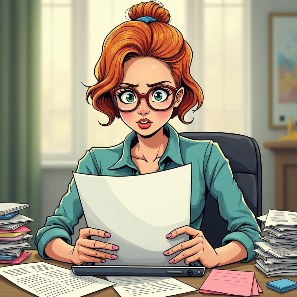 Woman with Red Hair and Chignon Works at Desk with Laptop an...