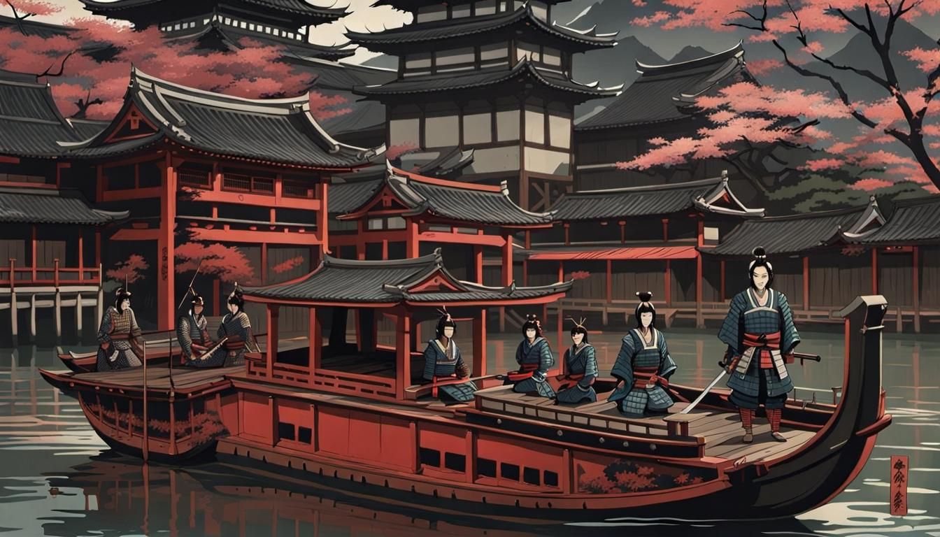 Samurai Barge at Castle: Japanese Silkscreen Style