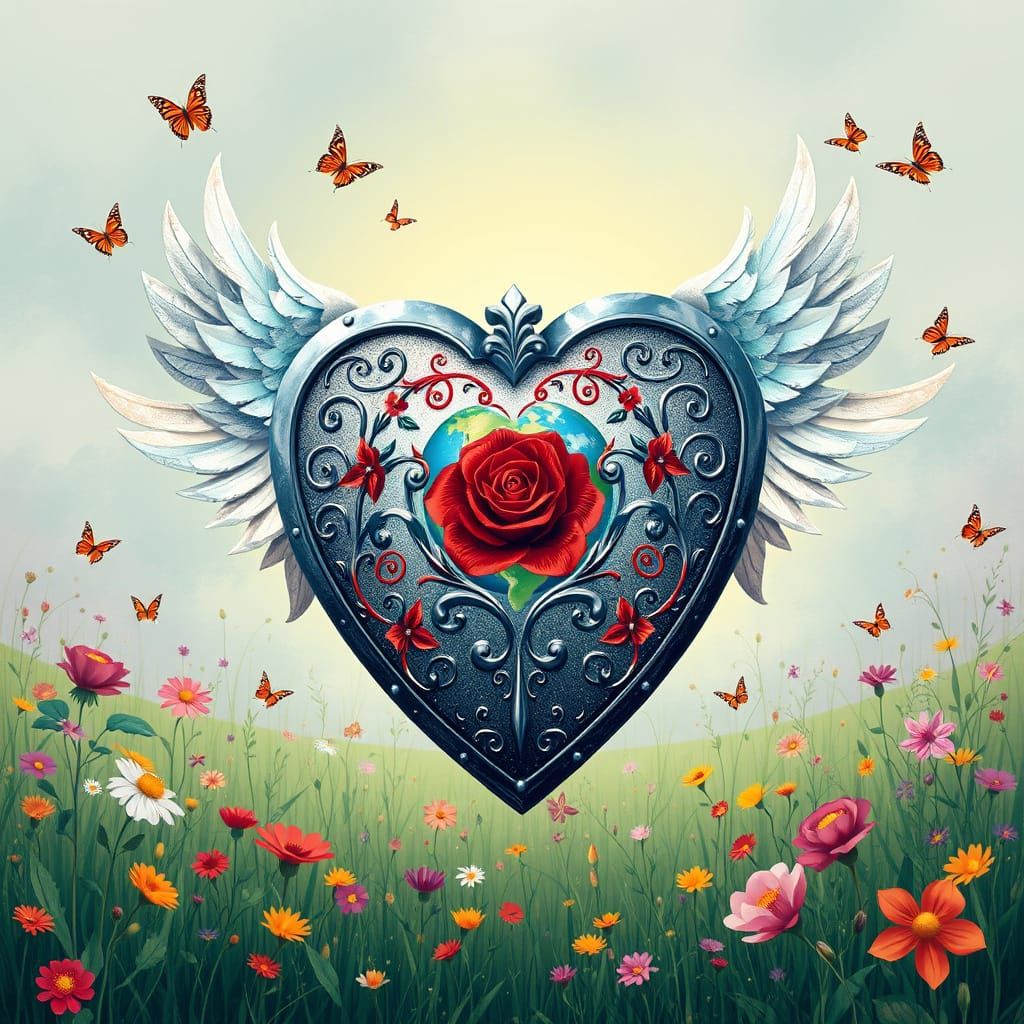 Majestic Heart-Shaped Shield with Delicate Wings and Whimsic...