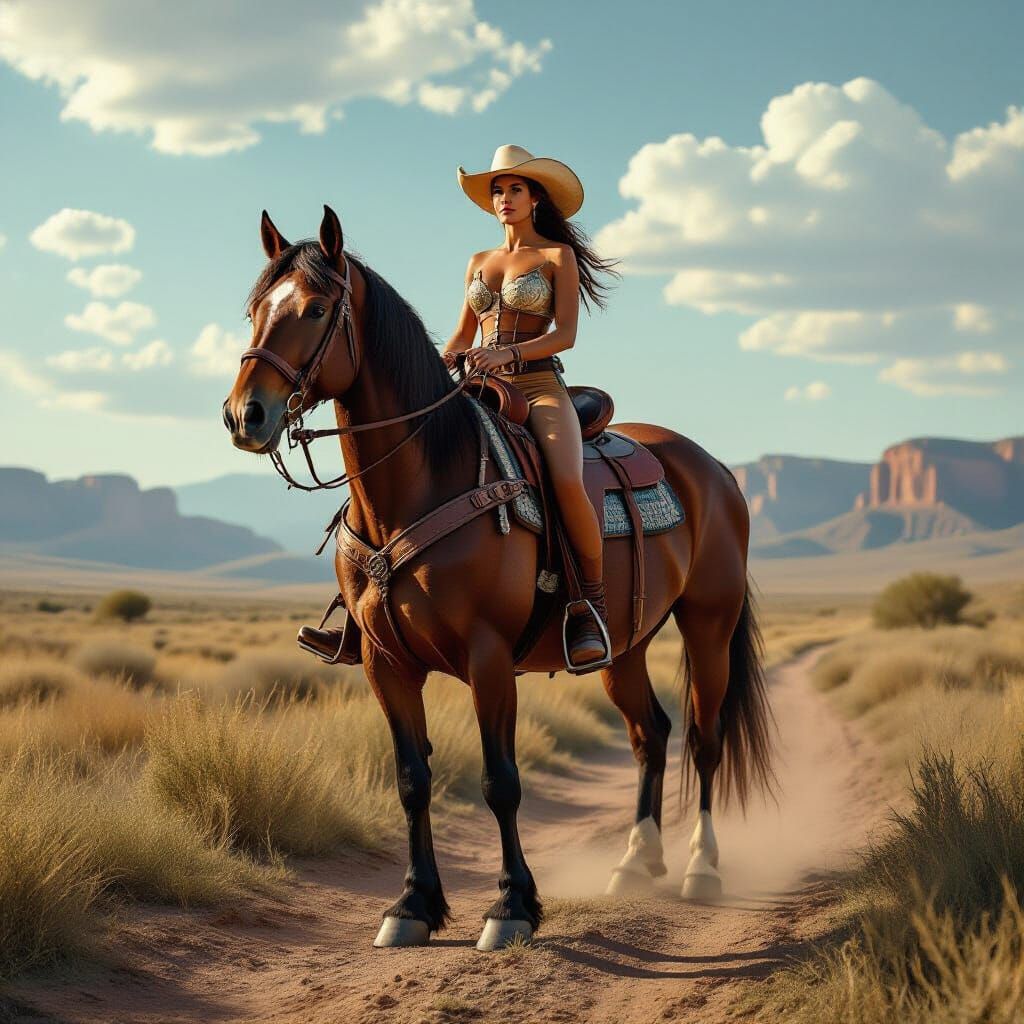 Amazonian Horsewoman Guards Rural Path in Hyperrealism