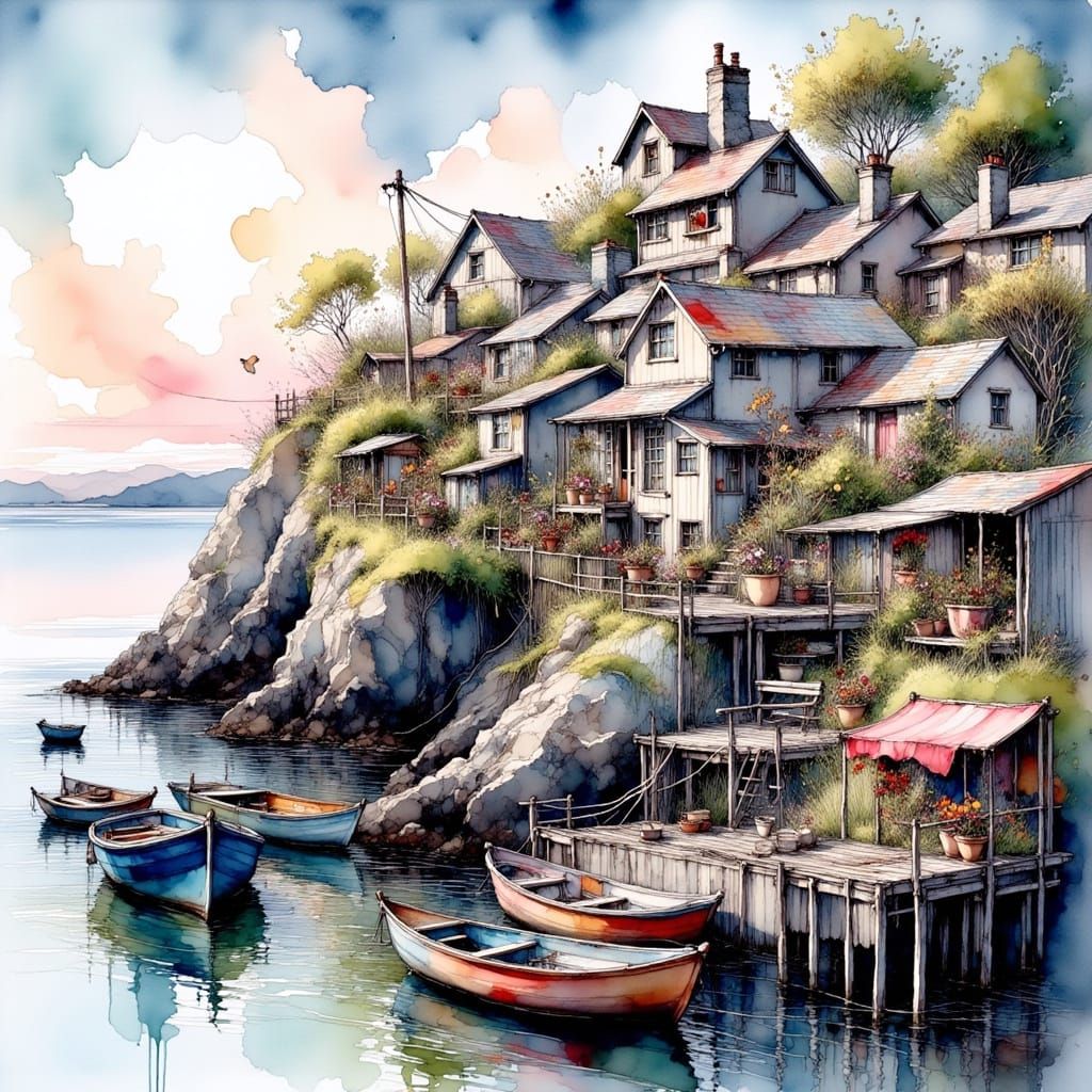 Ink Coastal Houses by the Sea