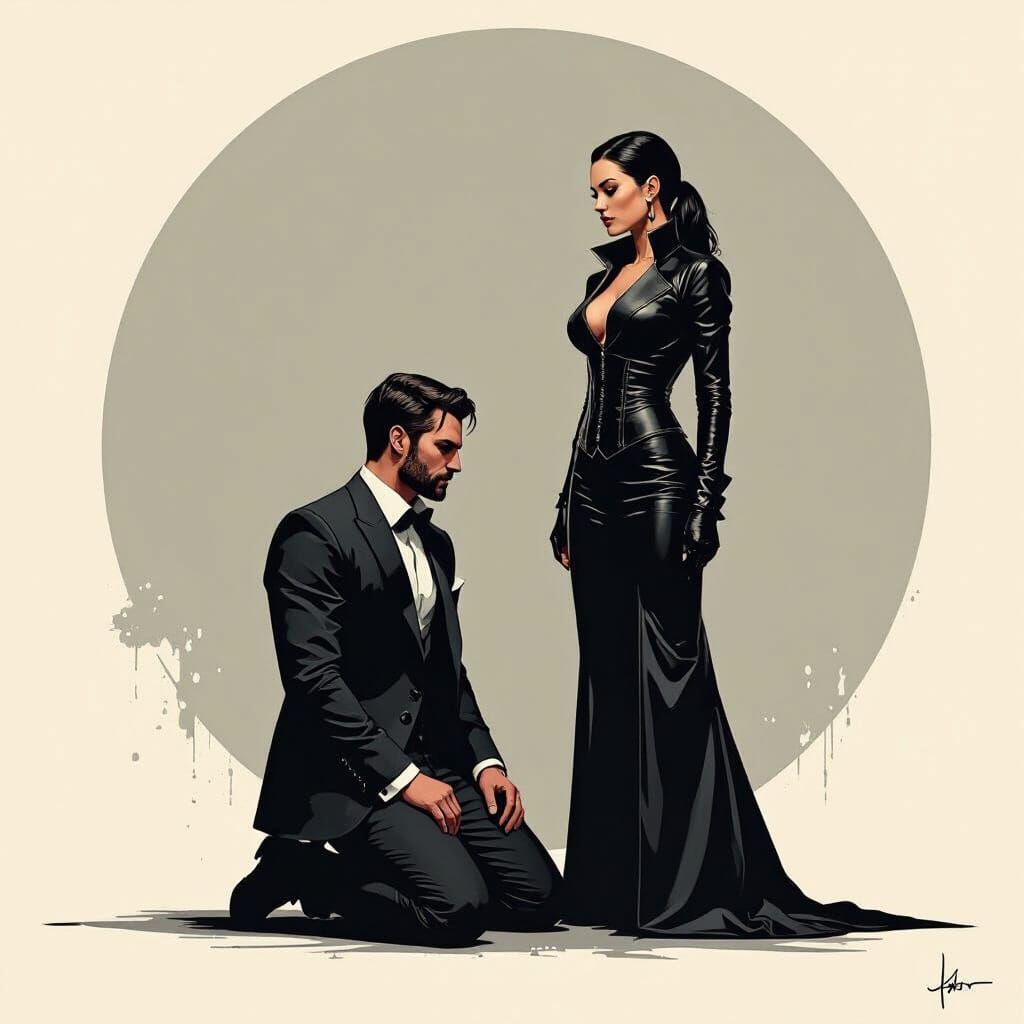 Subservient Man Before Dominatrix in Moody Lighting