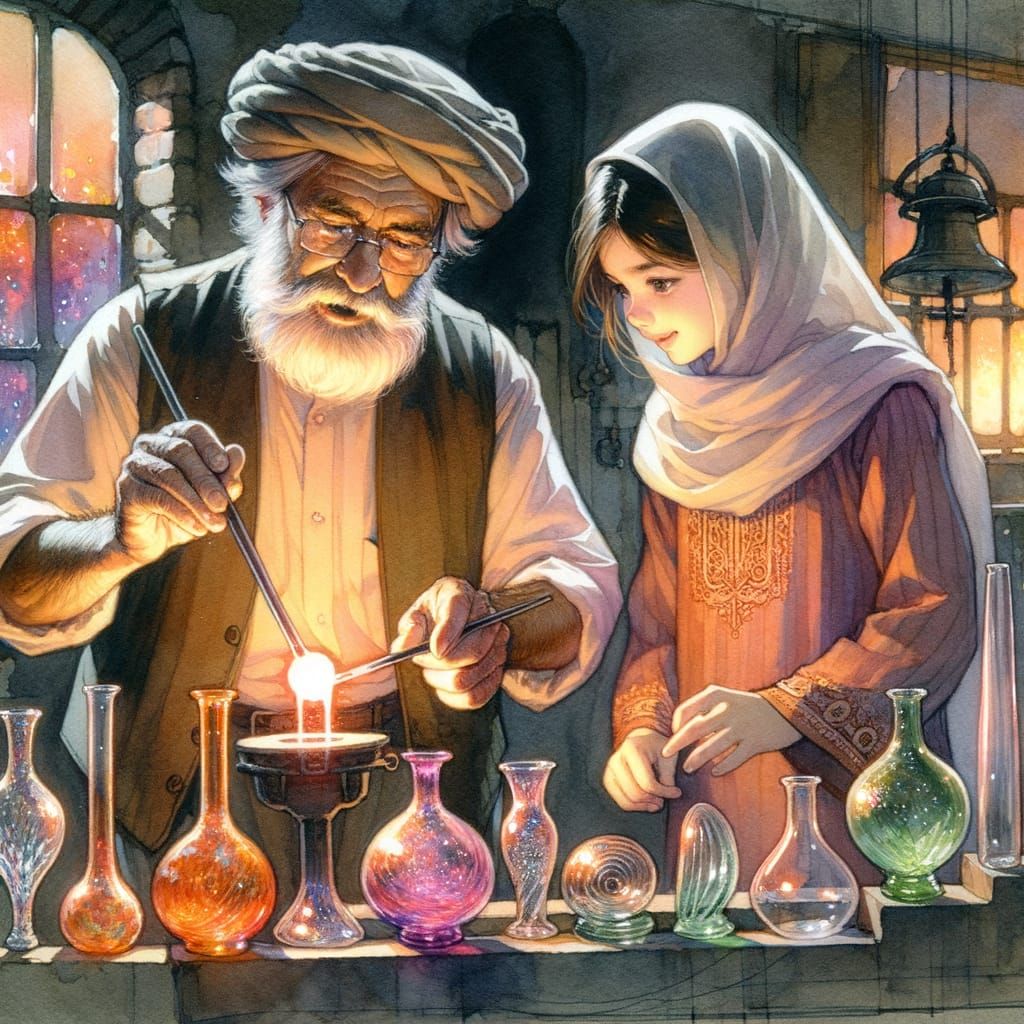 Watercolor Glassblowing Master Teaching Art to Apprentice