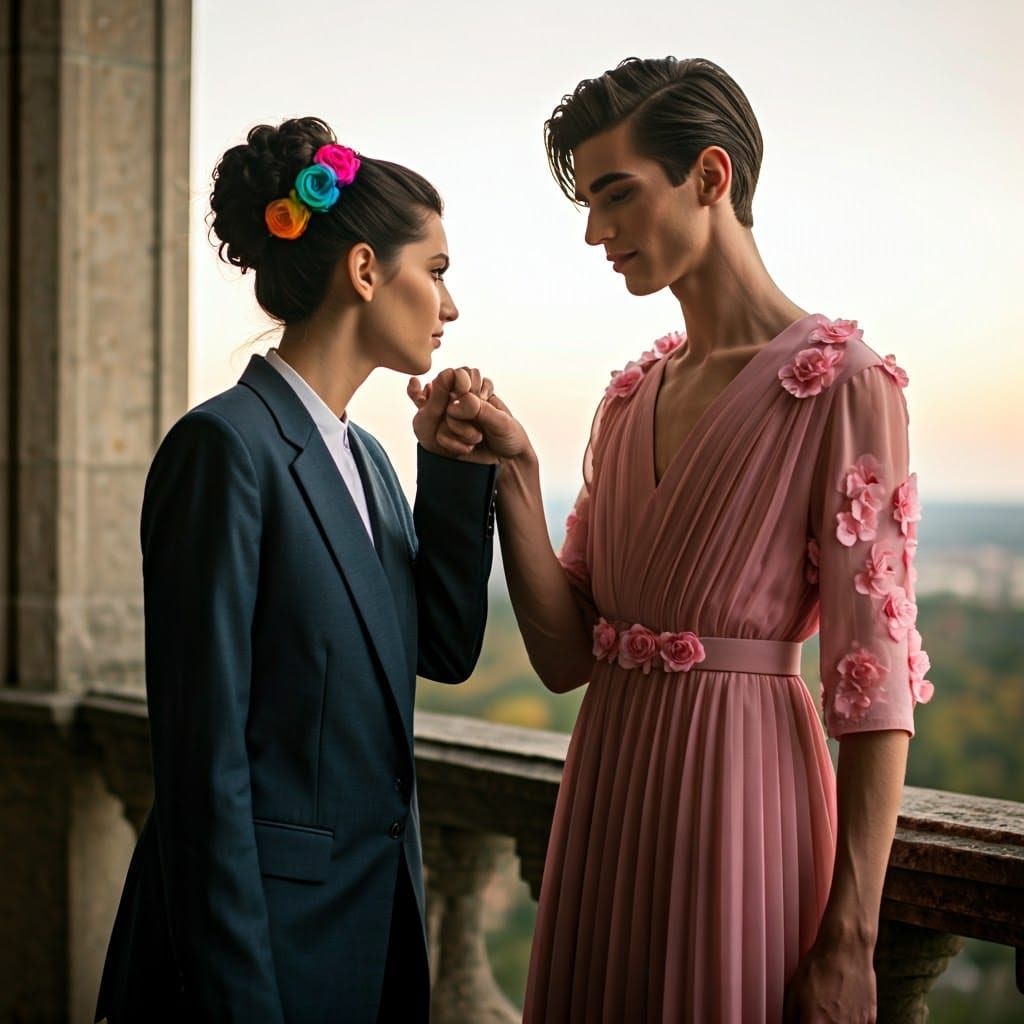 Elegant Romance in a Castle: A Woman in Suit Kisses a Dashin...