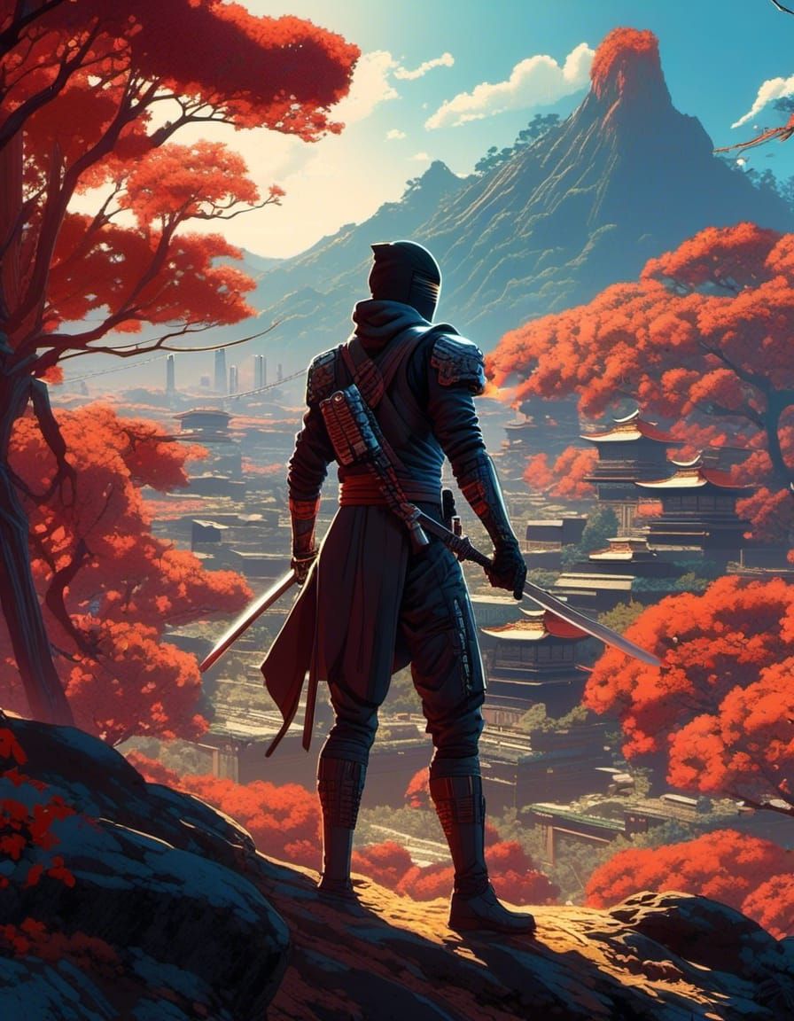 2D picture of a half human, half animal sci-fi ninja armed w...