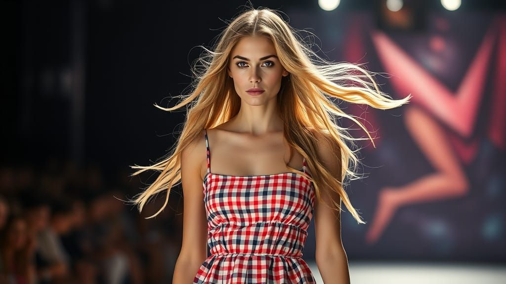 Ethereal Fashion Model Walks the Runway in Vibrant Gingham