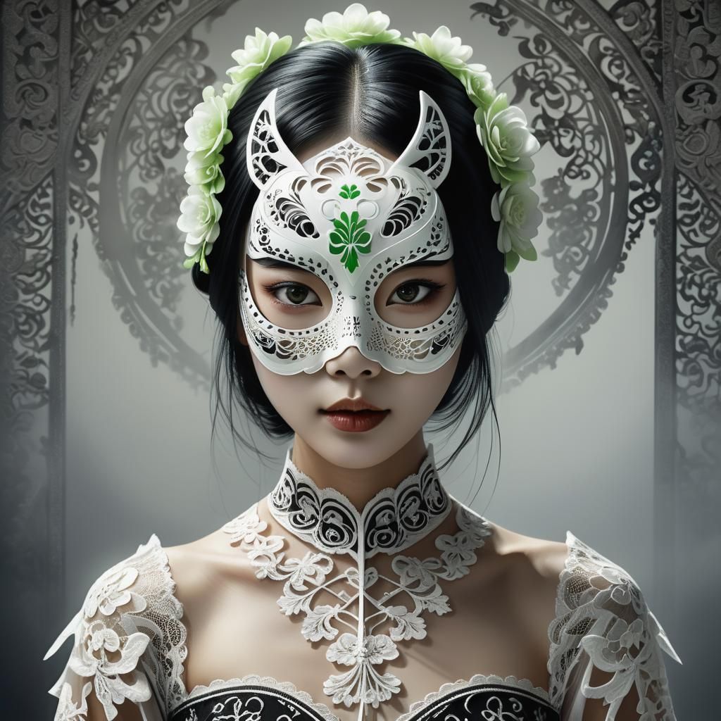 Chinese Woman with Catrina Mask in Dark Fantasy Style