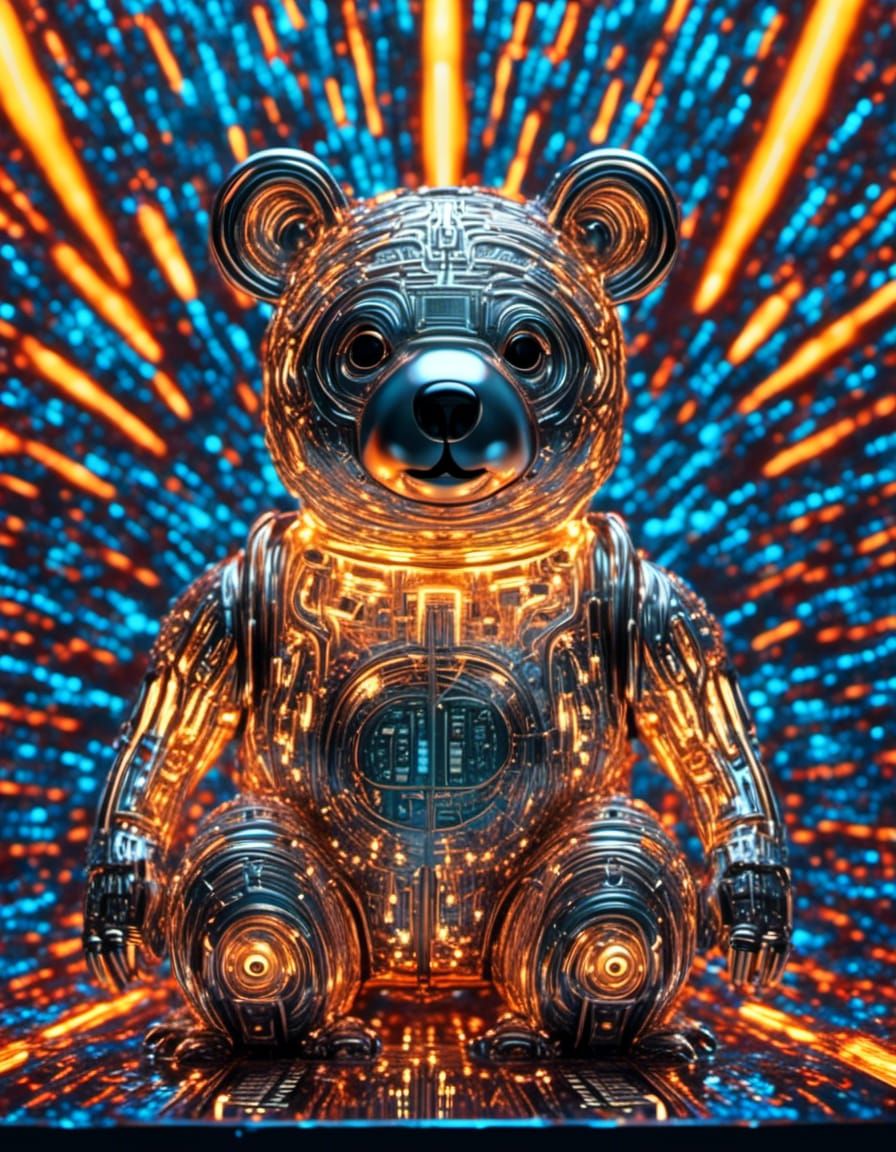 Chrome Bioluminescent Circuit Bear with Glowing Wires
