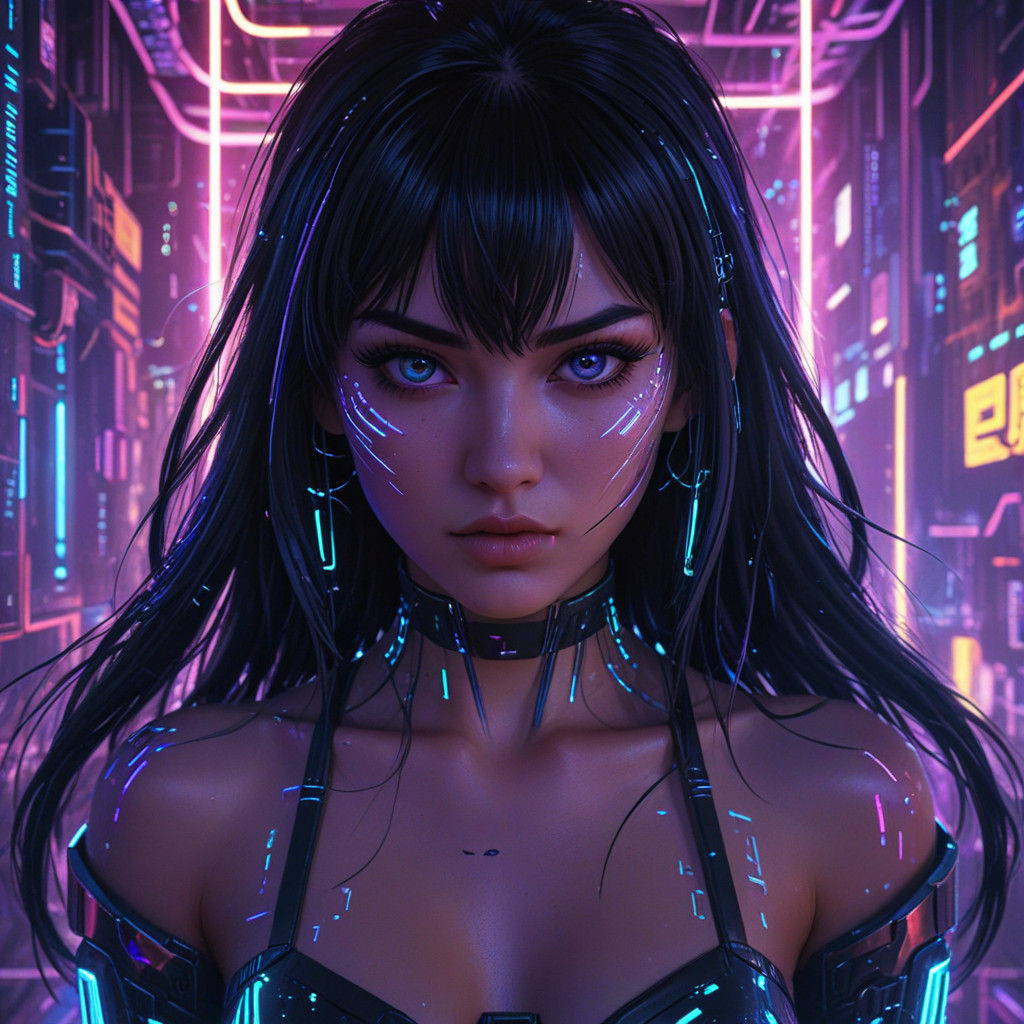 Surreal Cyberpunk Anime Girl Revels in Neon-Lit Futuristic W...
