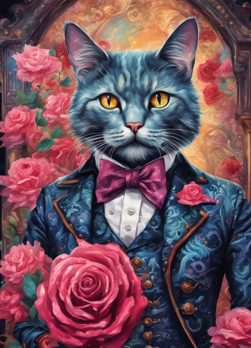 Cat in Victorian Suit with Roses, Splash Art Style