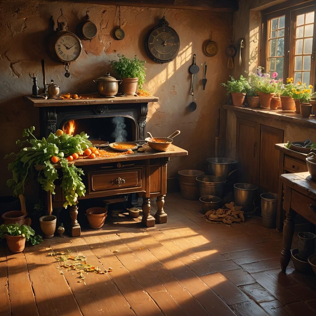Impressionist Vegetable Soup Still Life in Old Kitchen