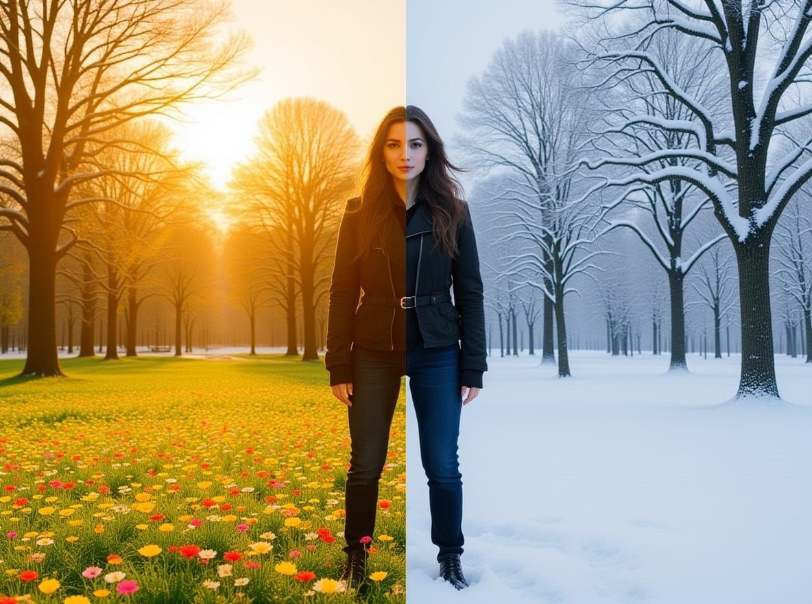Woman in Split Landscape: Meadow and Snowy Forest