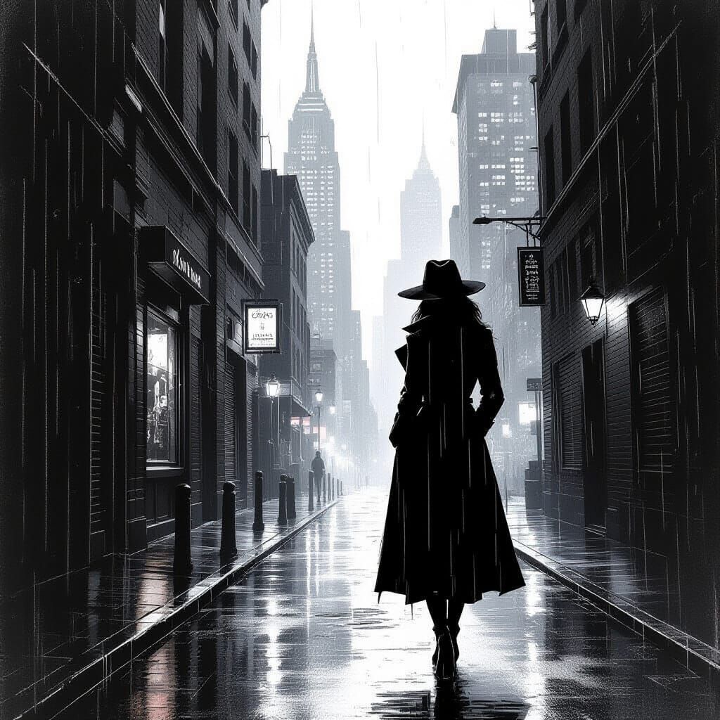 Noir Femme Fatale in Rain-Soaked Alley