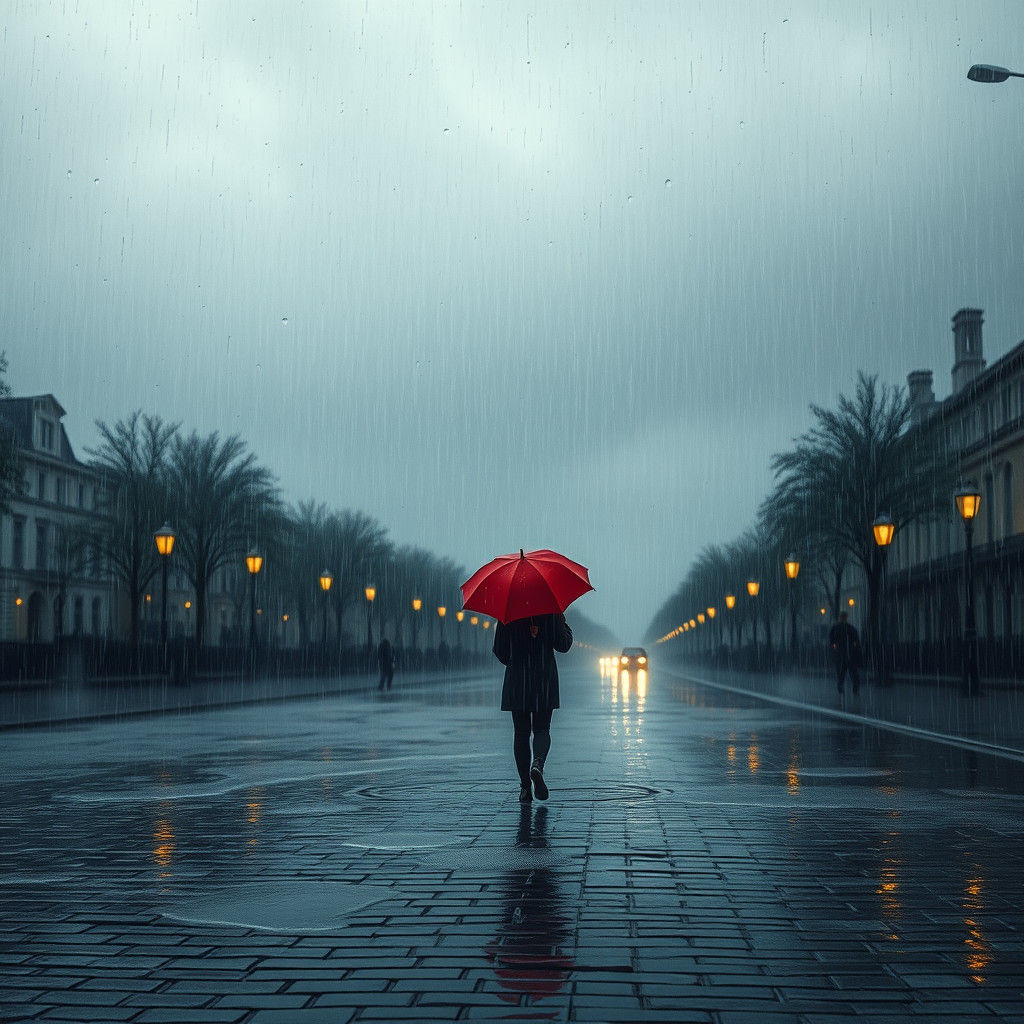 Red Umbrella in Rainy Cityscape