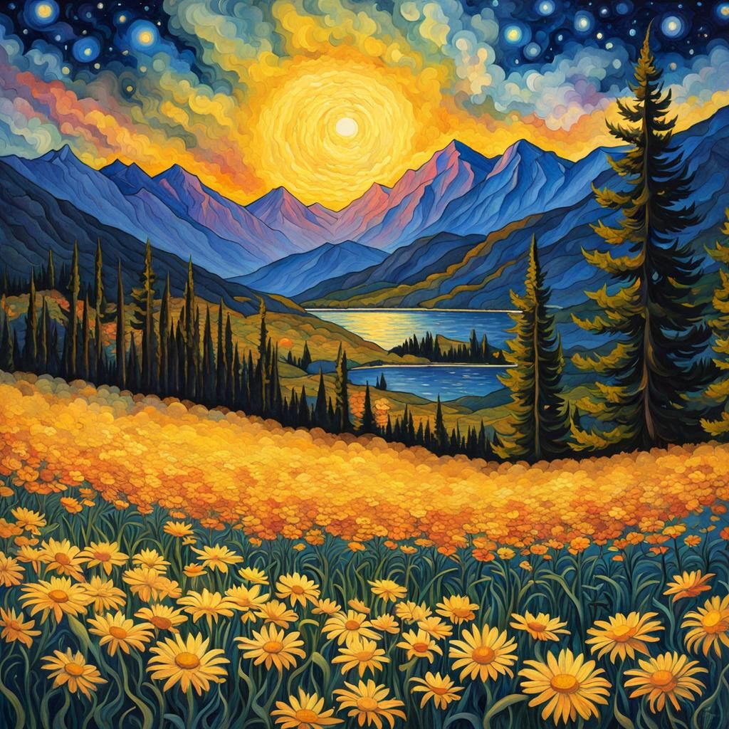 Daisy Field with Starry Night Sky in Watercolor