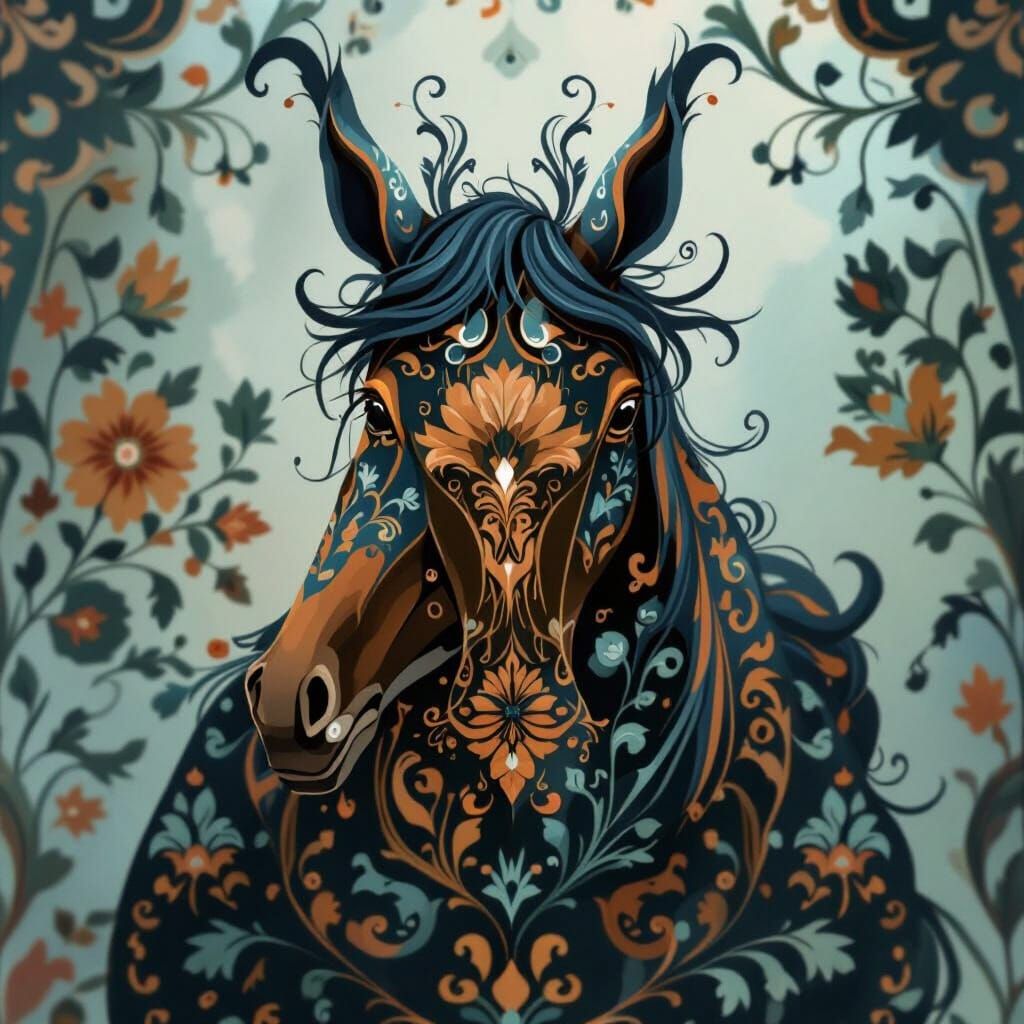 Folk Art Horse Illustration in Blue and Orange
