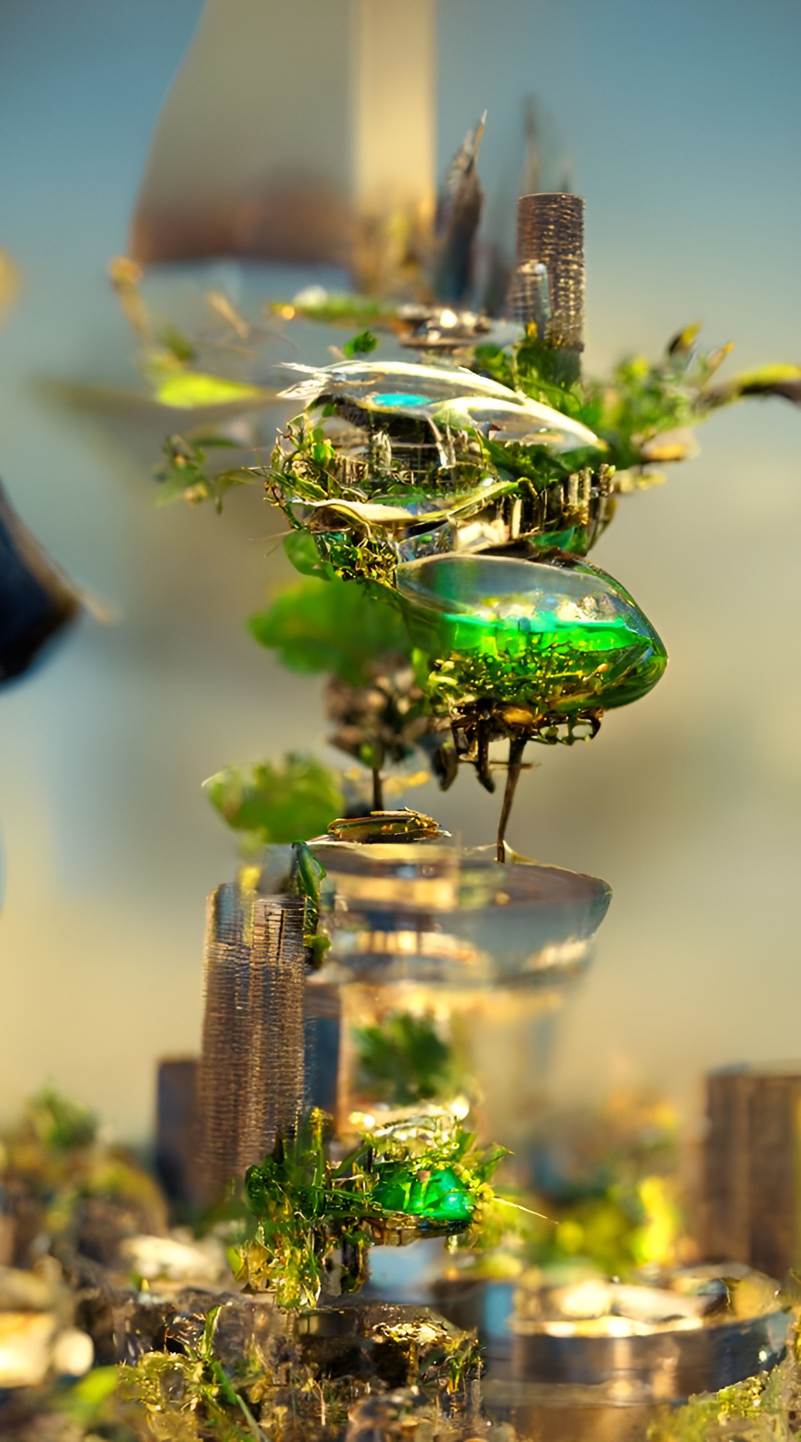 Biopunk Metropolis: Flying Taxi in Summer Light