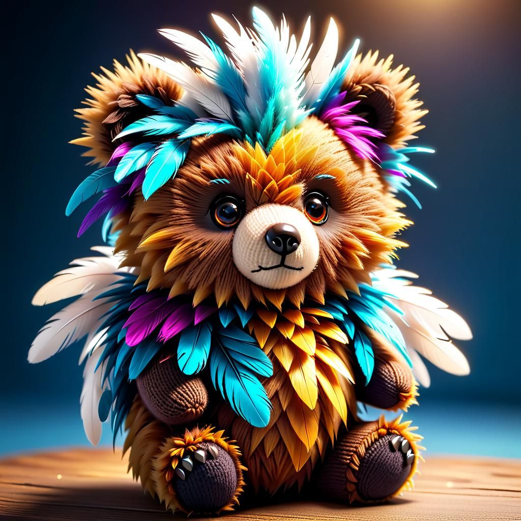 Cute Knitted Teddy Bear with Feather Mohawk