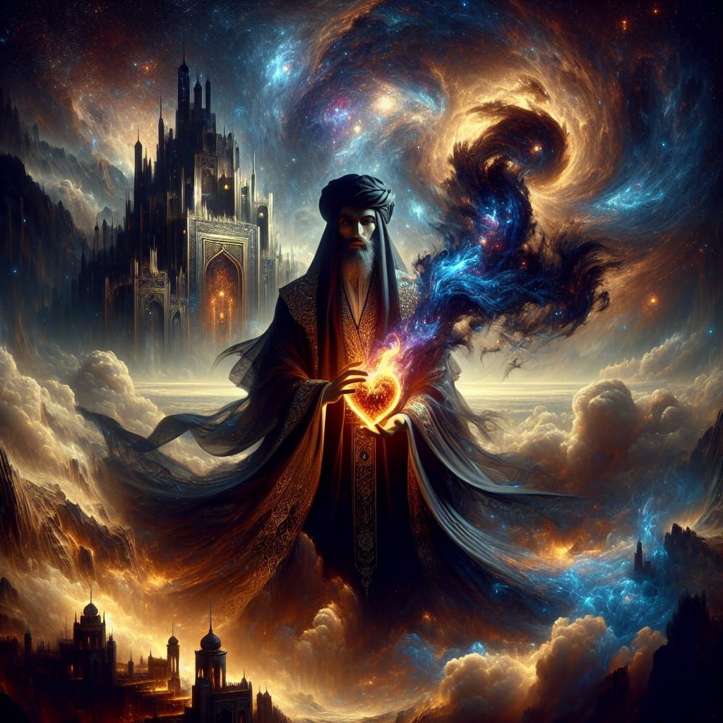 Middle Eastern Warlock Holding Flaming Heart in Dark Fantasy