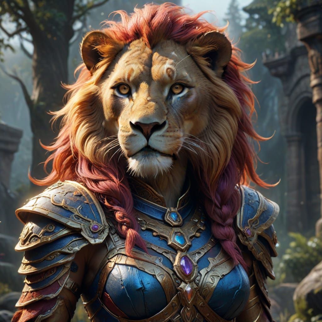 Regal Female Humanoid Lion in Vibrant Fantasy Art