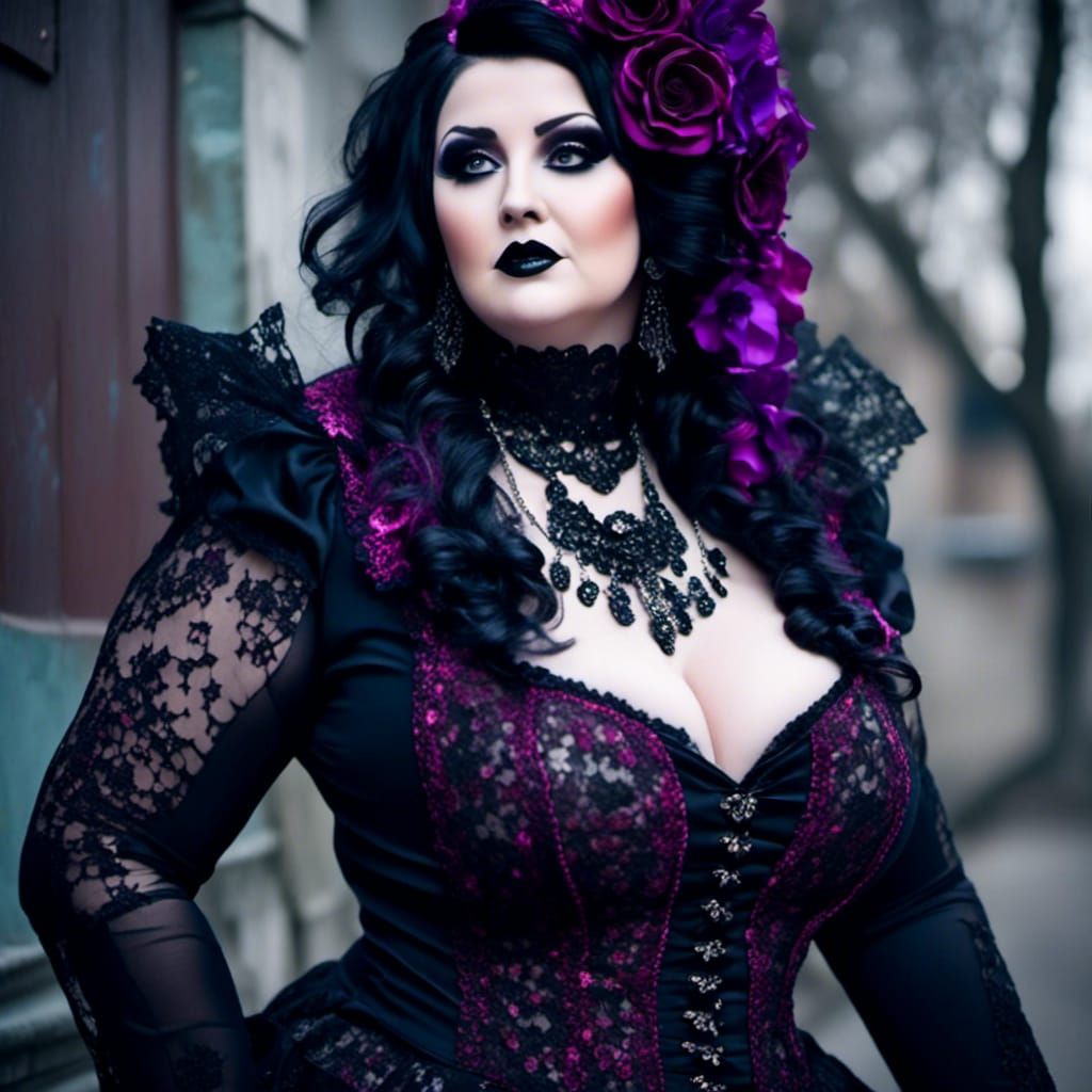 Gothic Plus-Size Woman Portrait with Purple Makeup