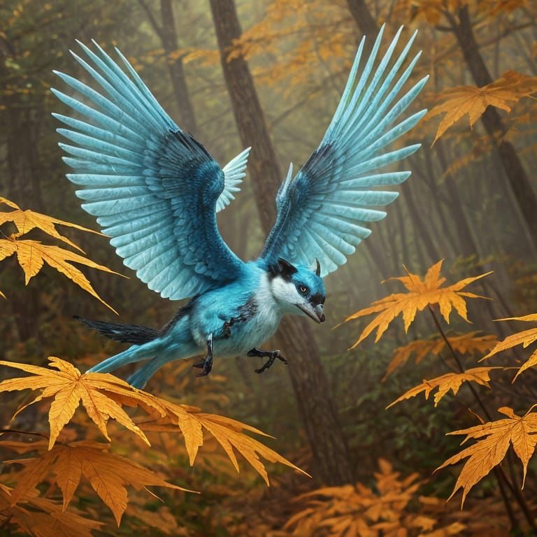 Blue Pixies Fly Through Amber Autumn Forest