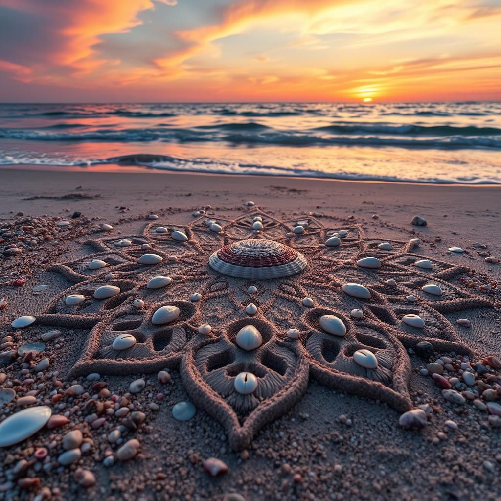 Hyperrealistic Sand Mandala at Sunset