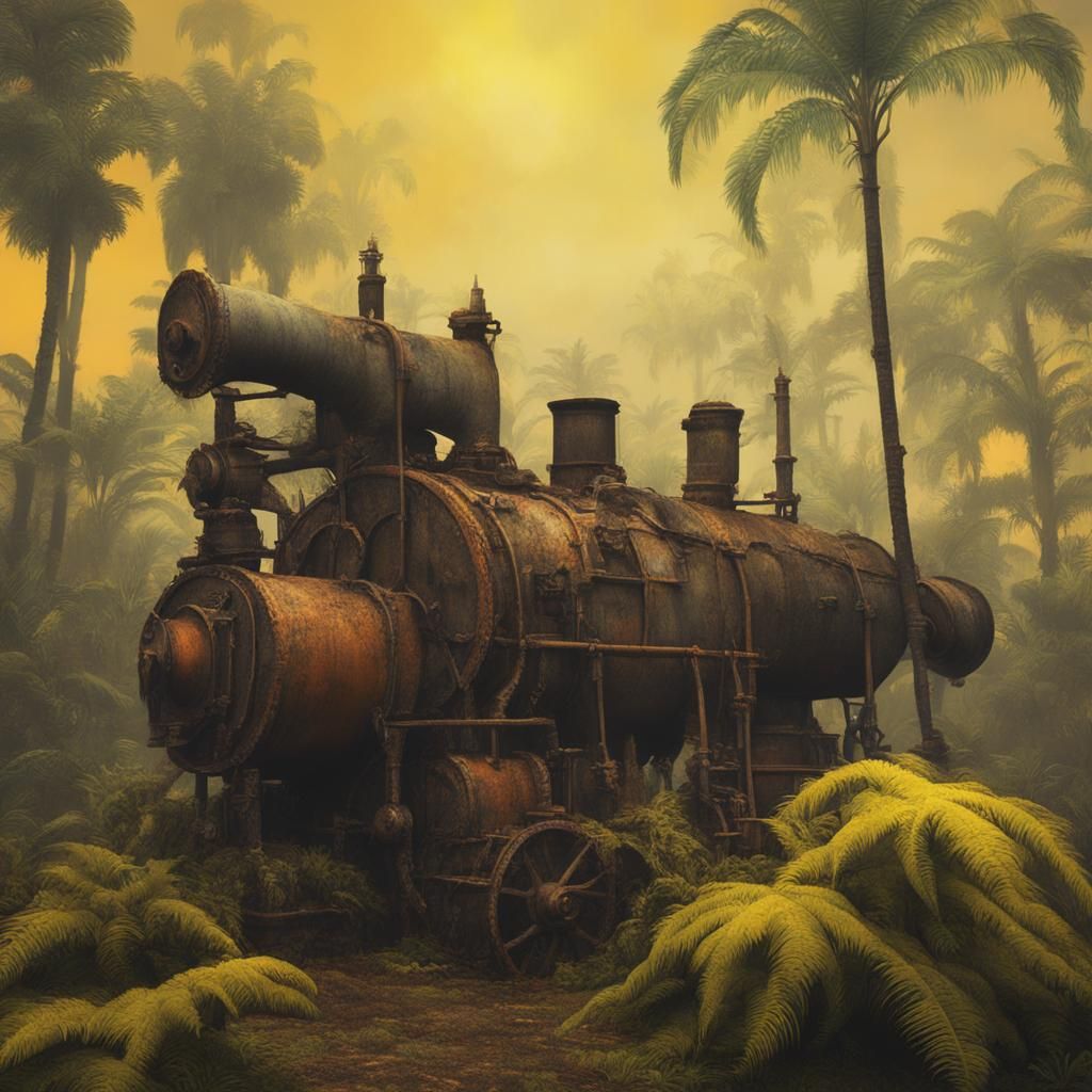 Goth Model in Tropical Steampunk Landscape