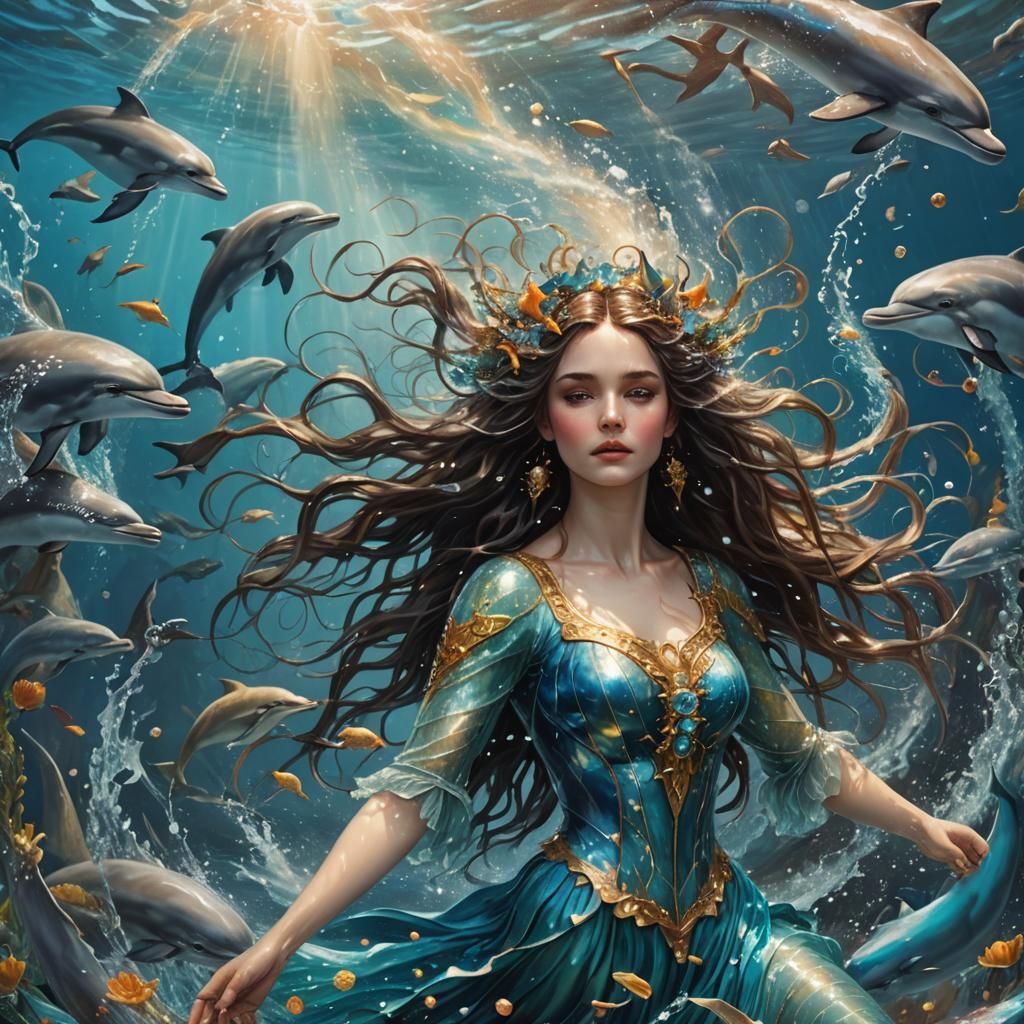 Water Sorceress Plays with Magic in Pre-Raphaelite Style