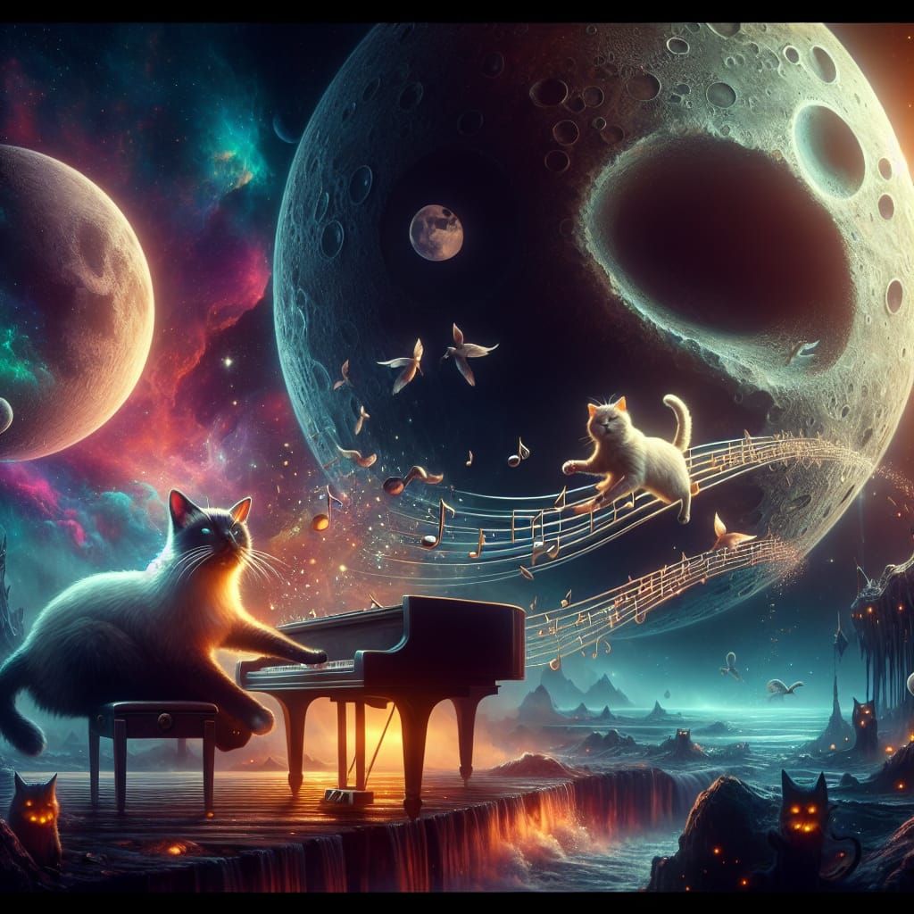 Siamese Cat's Lunar Piano Journey: Fantasy Art