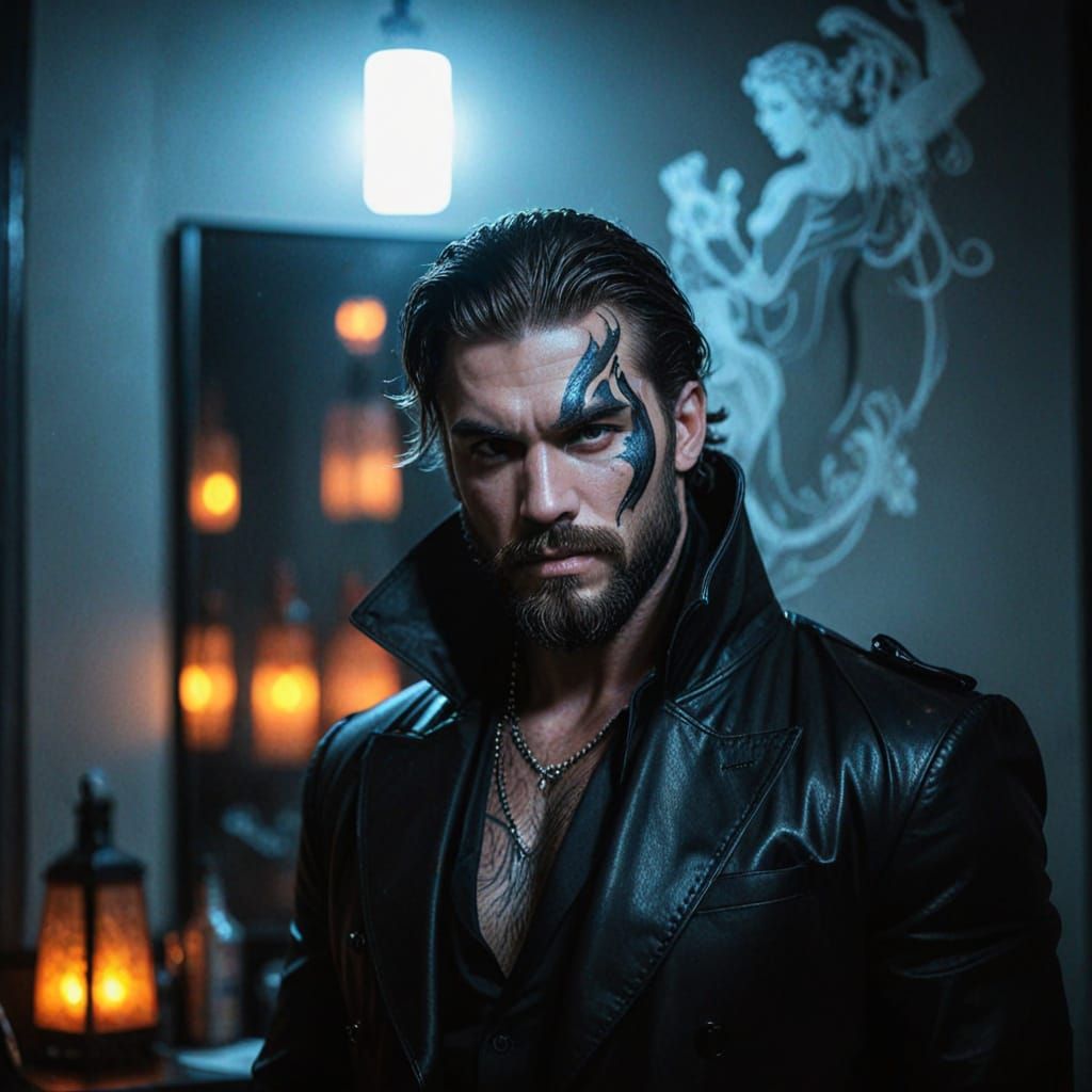 Bearded Man in Neon Body Art, Aubrey Beardsley Style Ink