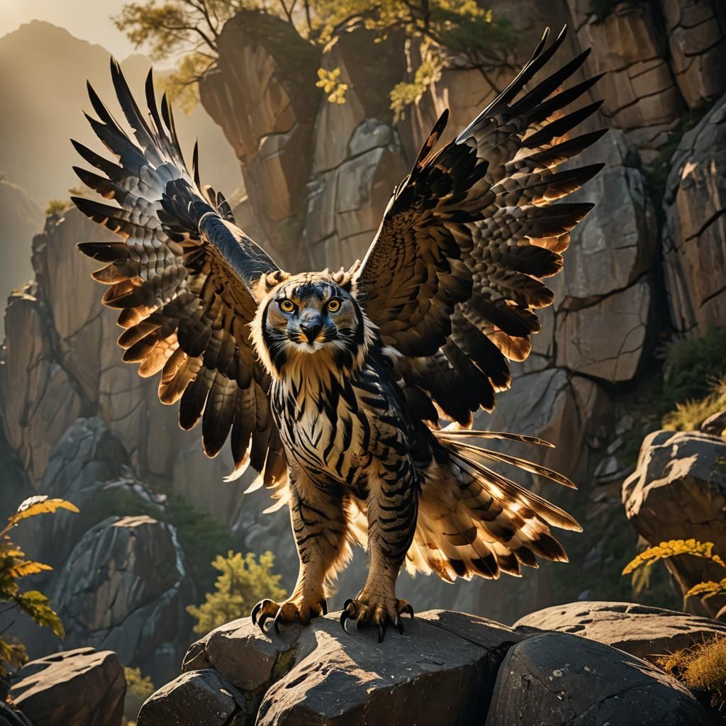 Majestic Ligerhawk Perched on Rocky Outcrop