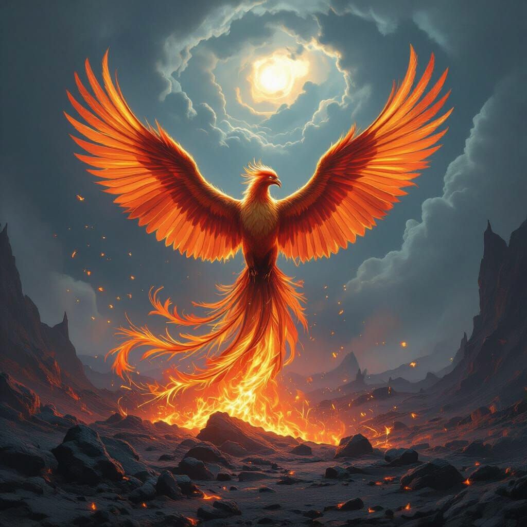 Majestic Phoenix Rises from Ashes in Volcanic Landscape