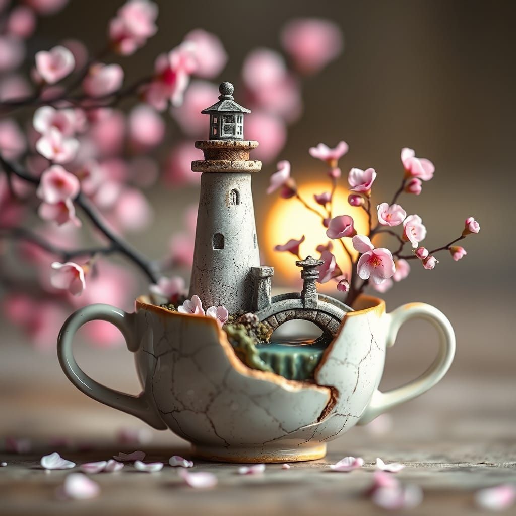 Envision a miniature lighthouse, crafted from cracked cerami...