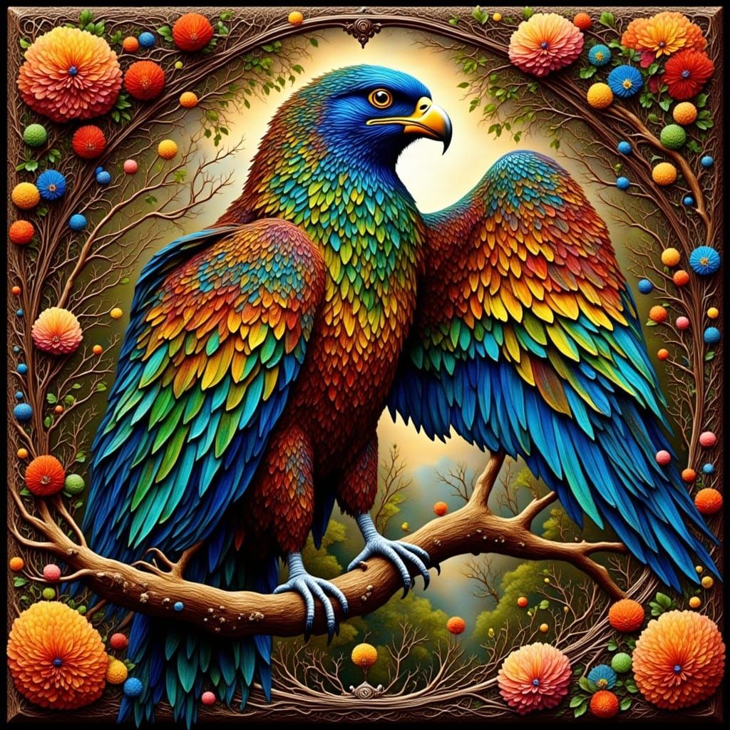 Ornate Bird on Medieval Tapestry in Art Nouveau Style